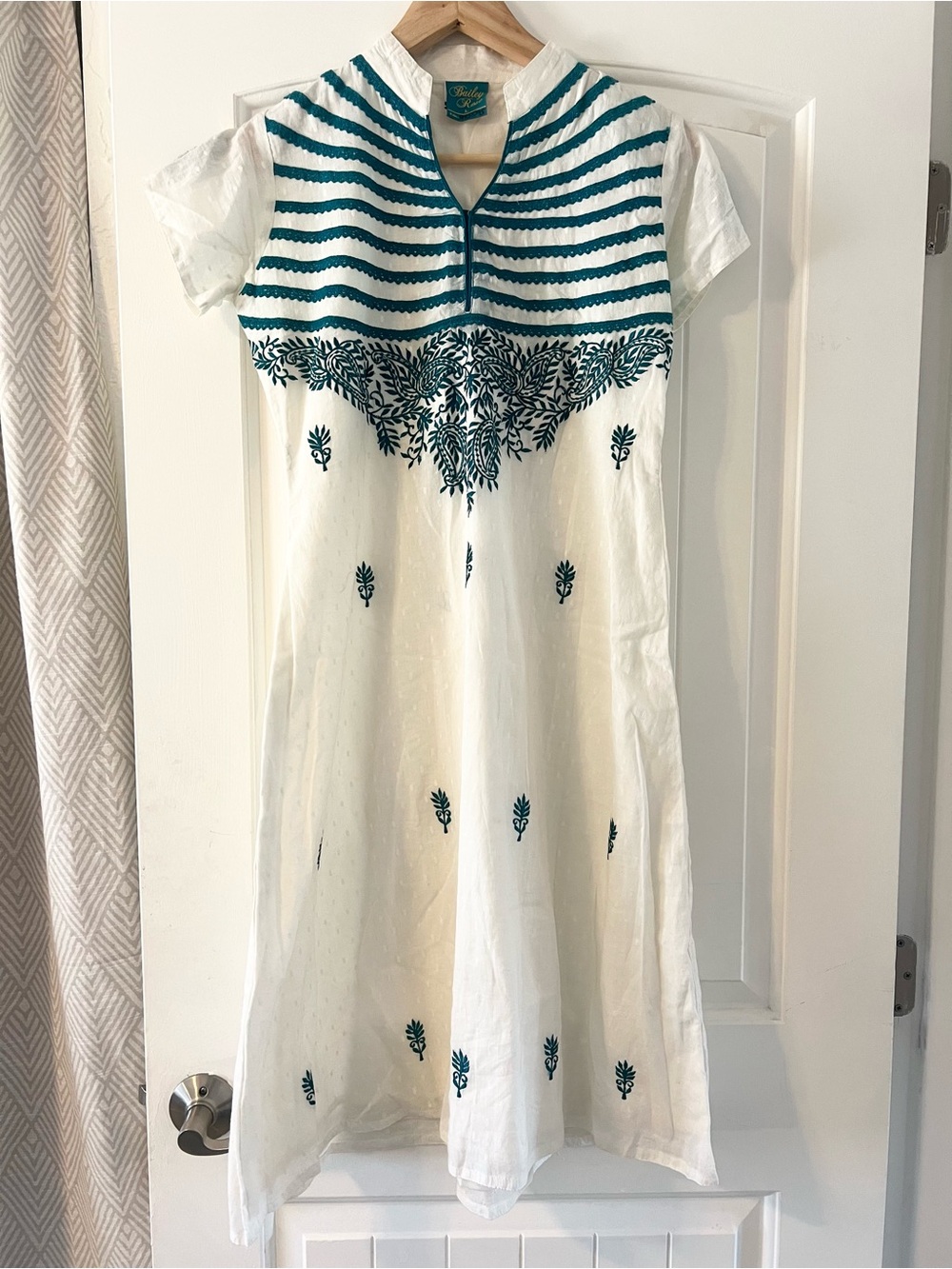Bailey Rose White Midi Dress with Teal Embroidery - Mandarin collar S/M